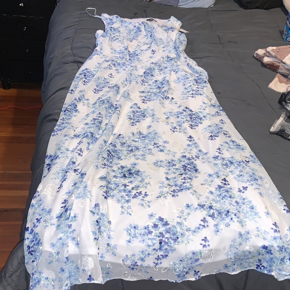R&K White Maxi Dress with Blue Floral Print